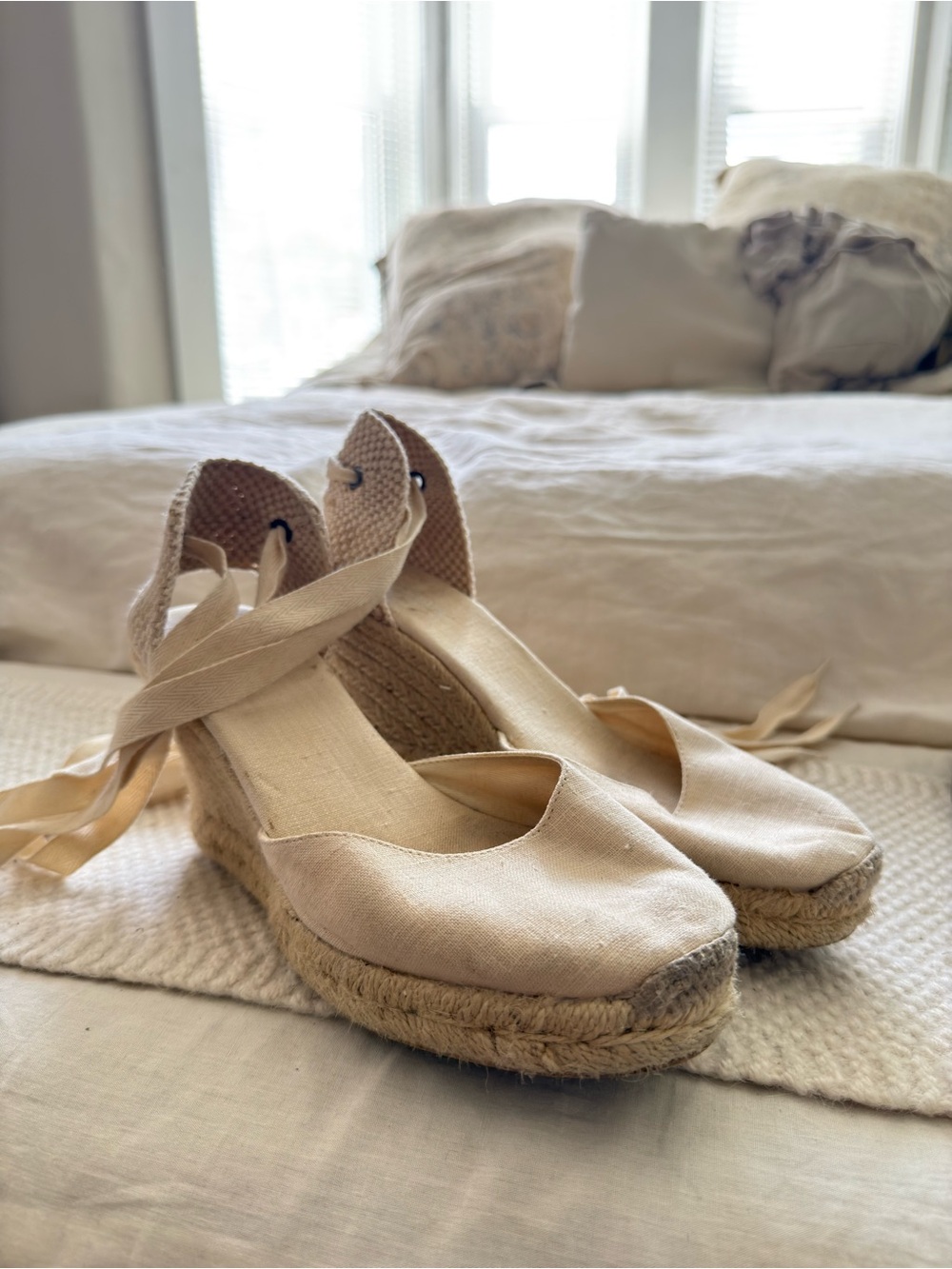Soludos Cream Canvas Espadrille Wedge Sandals with Ankle Tie